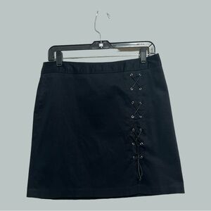 Cache Mini Skirt Black with Offset Faux Lace Up Loops  Shoestring Tie Size 10